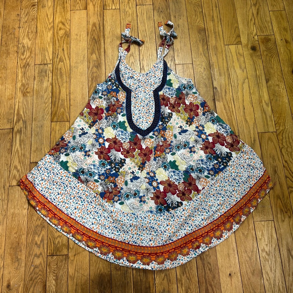 Seven Islands New York Floral Mini Dress Boho Tie Shoulder Rayon Blue Orange L